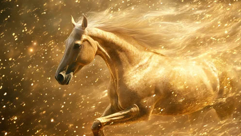 Golden equine figure in motion amid luminous particles.