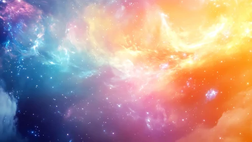 Radiant cosmic nebula swirls gently in rainbow starlight