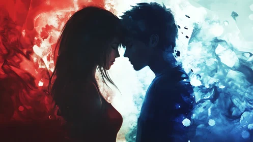 Red and Blue Silhouettes Converging in Abstract Light.