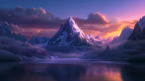 Snow-covered mountain range over calm reflective lake at dusk.