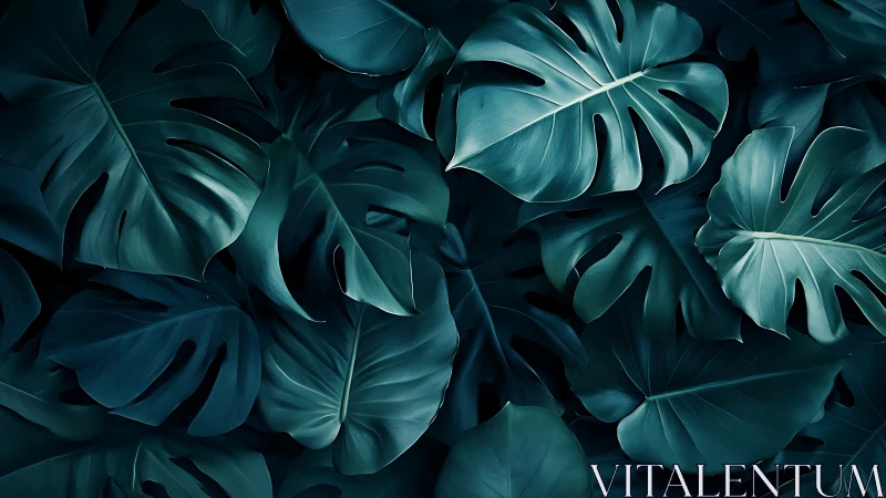 Dark green monstera foliage with overlapping broad leaves.