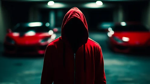Mysterious hooded figure framed by sleek red sports cars.
