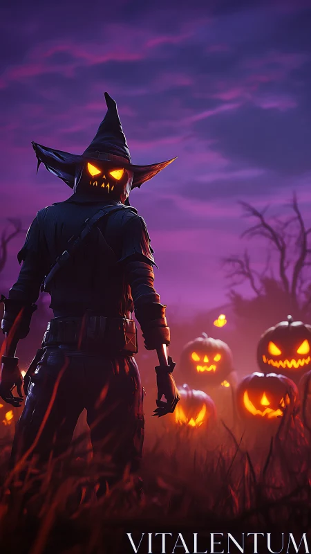 Pumpkin headed figure in field with glowing jack o lanterns.