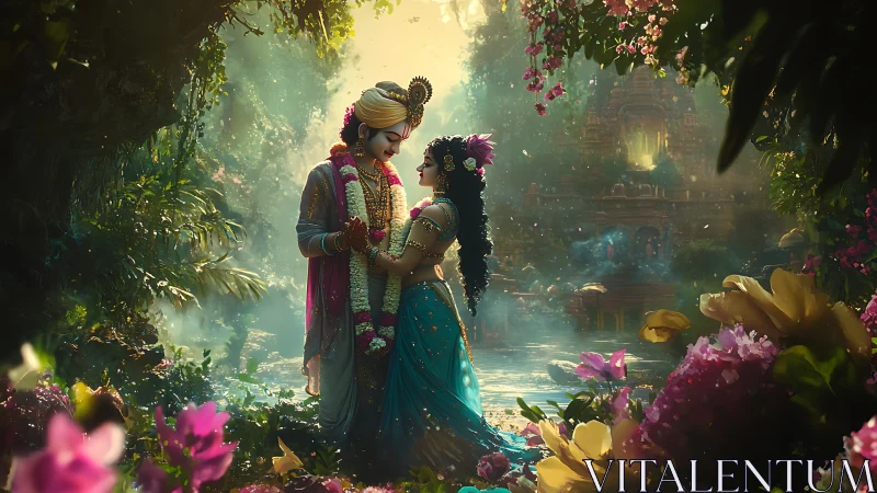 Divine lovers stand in a lush, enchanted temple garden.