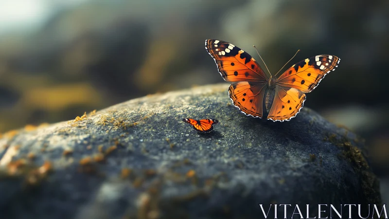Orange butterflies rest on a sunlit stone in soft focus