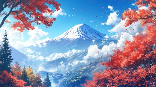 Snowy mountain with red autumn trees under clear sky.