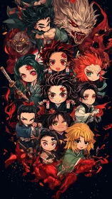 Fierce chibi heroes stand united against roaring demon beasts