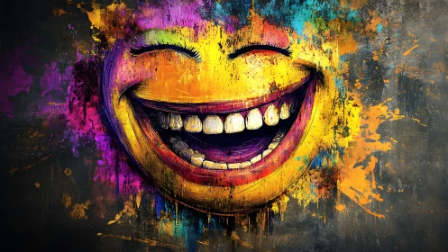 Laughing neon smiley erupts through wild urban paint storms