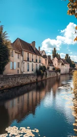Riverside village facades reflect in calm blue canal water.