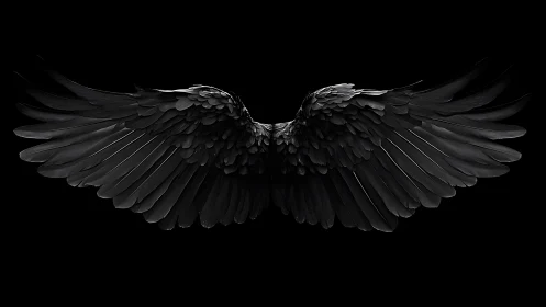 Dark feathered wings unfurl in a dramatic, ethereal void