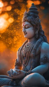 Serene stone deity in glowing orange bokeh light meditation.