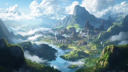 Futuristic river city nestles within vast misty mountainscape