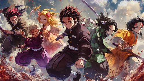 Dynamic anime swordsmen charging through swirling crimson skies.