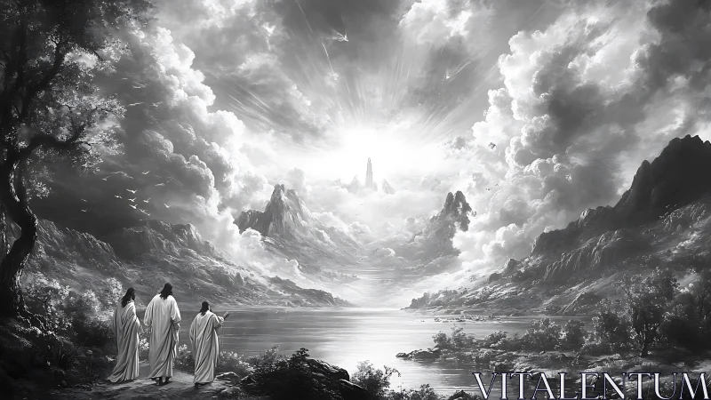 Monochrome celestial valley with robed figures and radiant citadel