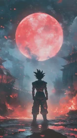 Lone warrior confronts a blood-red moon above burning ruins