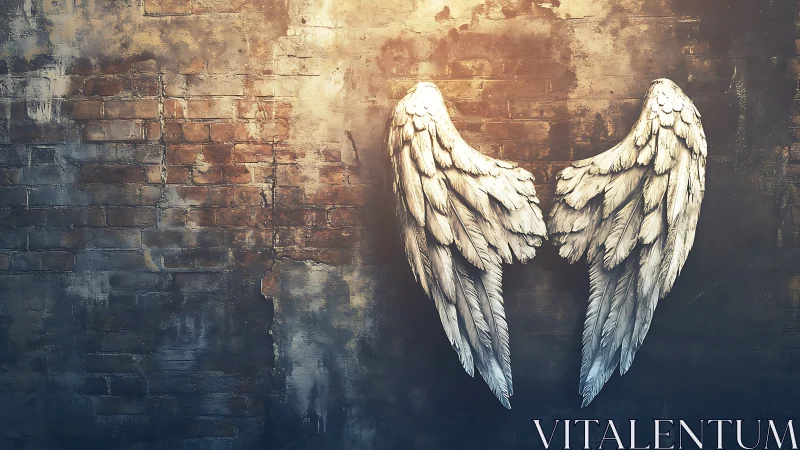 Weathered brick wall borrowed by stray angel wings.