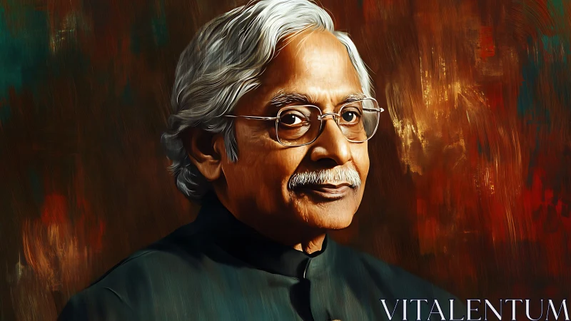 Silver haired sage gazes through amber brushstroked silence.