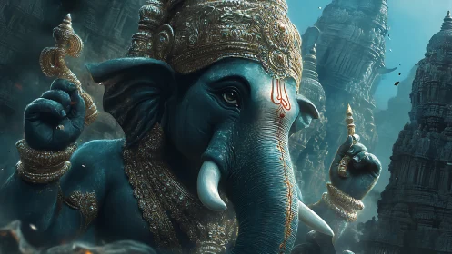 Majestic elephant-headed deity rises among ancient temples