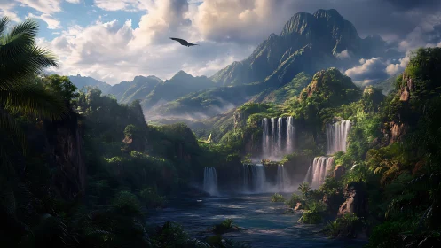 Lush cascading waterfalls beneath misted volcanic highlands.