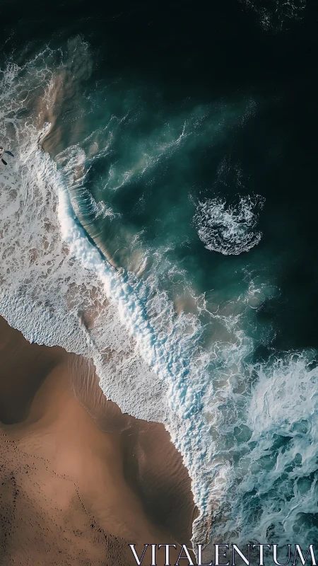 Aerial shoreline study with teal surf and warm sand.