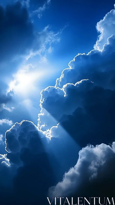 Sunlight breaks through dense cumulus clouds in deep blue sky