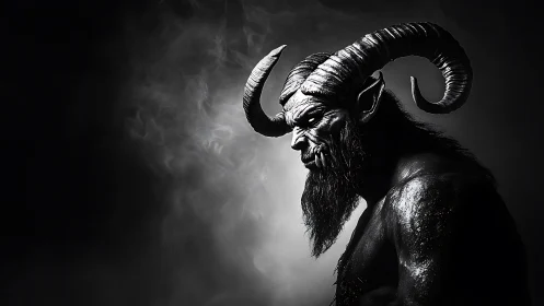Demonic satyr portrait rendered in dramatic monochrome contrast