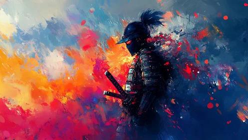 Solitary samurai silhouette amid explosive color storm.