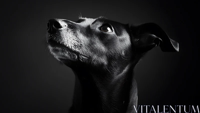 Monochrome canine portrait in dramatic low key lighting.