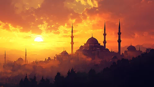Sunlit domed skyline with slender minarets in hazy orange dusk