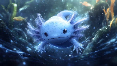 Glowing axolotl drifts through a dreamy blue kelp forest.