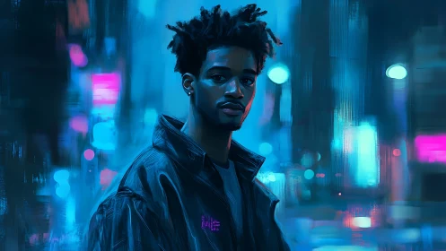 Calm city wanderer glowing in neon blue night lights.