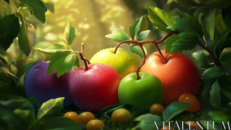Luminous orchard fruits with dewdrops in lush foliage glow.