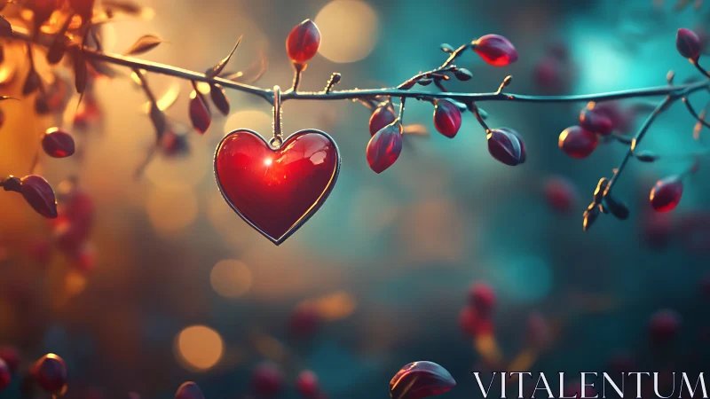 Heart-shaped pendant suspended among botanical elements.