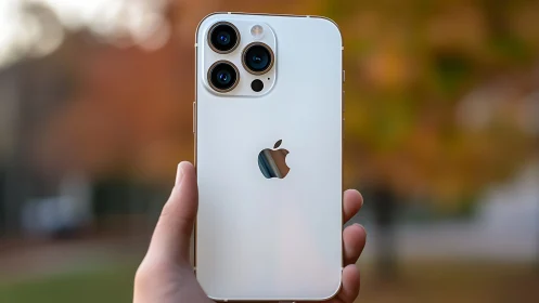 iPhone 13 Pro Max in silver held outdoors in daylight.