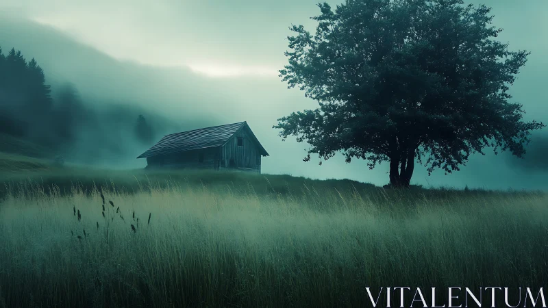Fog-laden meadow cabin and solitary tree in diffuse dawn light.