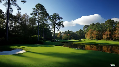 Sunlit golf course fairway beside calm reflective water.