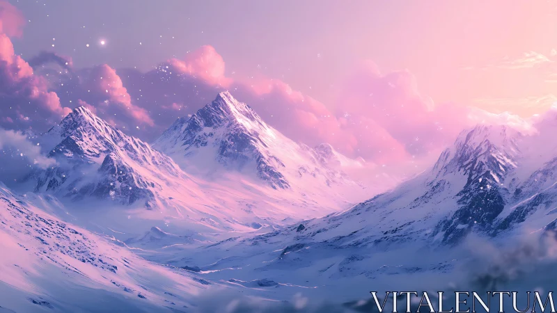 Pink twilight over snowy fantasy mountain peaks.