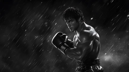 Monochromatic boxer in dynamic stance with rain overlay and studio lighting