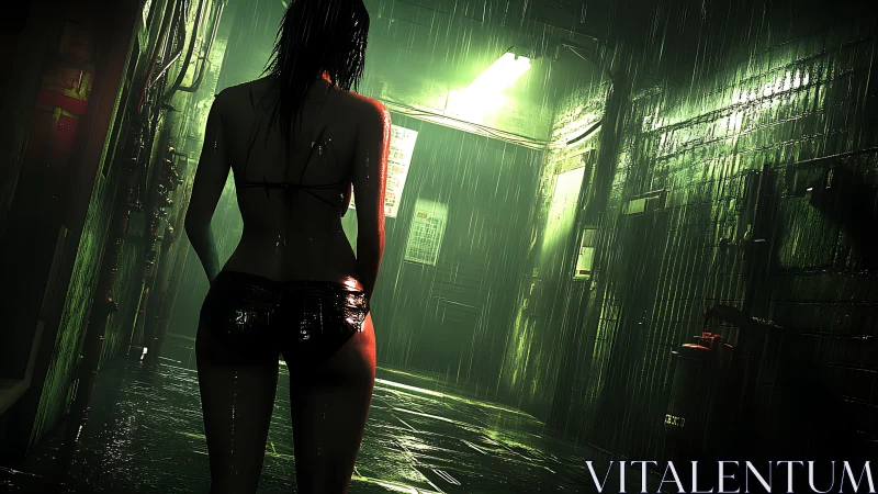 Solitary figure in wet neon alley under heavy rainfall.