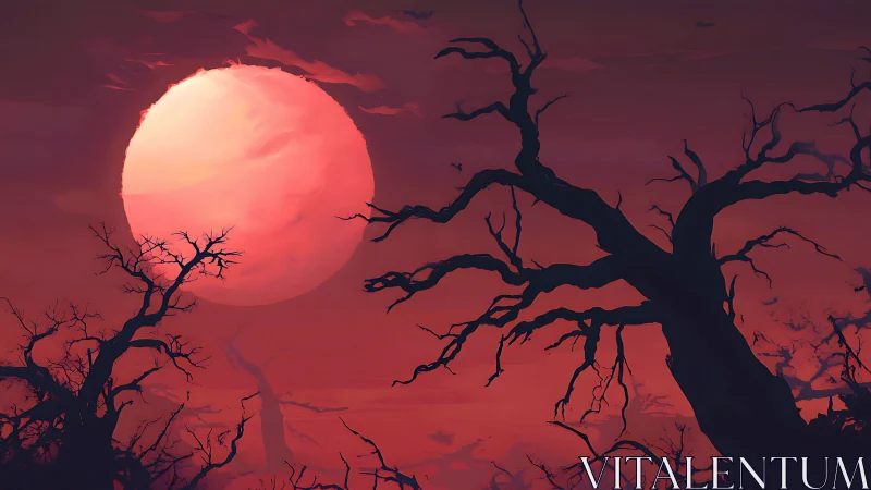 Blood-red moon hangs over twisted haunted forest silhouettes