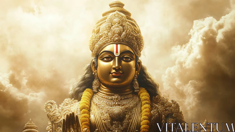 Golden deity statue with ornate crown against cloudy sky.