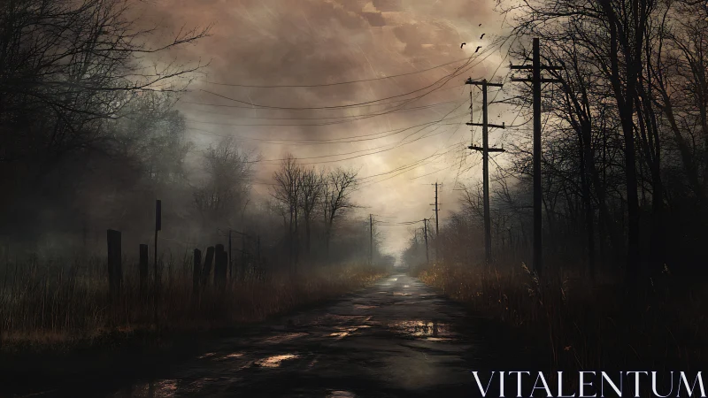 Desolate wet road disappears into a misty haunted horizon.