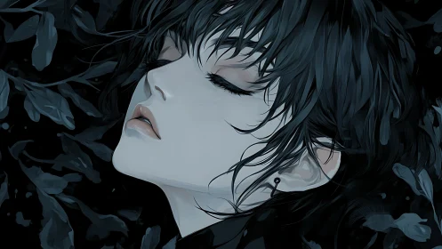 Monochrome anime portrait renders serene nocturnal repose