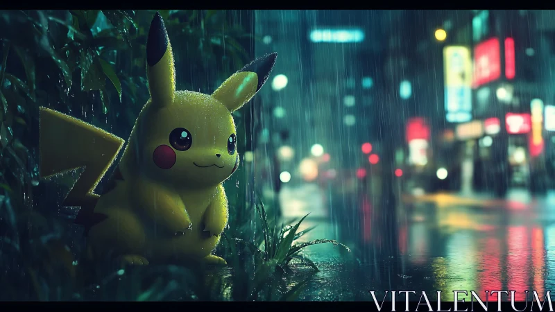 Pikachu in neon city rain with cinematic depth of field.