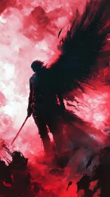 Dark winged warrior silhouette in red swirling clouds.