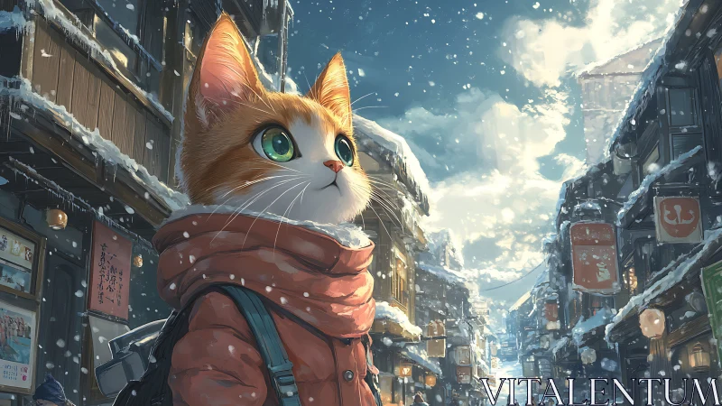 Curious winter cat explores a snowy lantern-lit city street