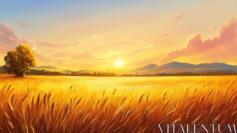 Golden wheat valley under radiant sunset sky panorama.