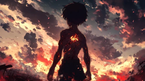 Burning-hearted silhouette confronts a storm-lit horizon.