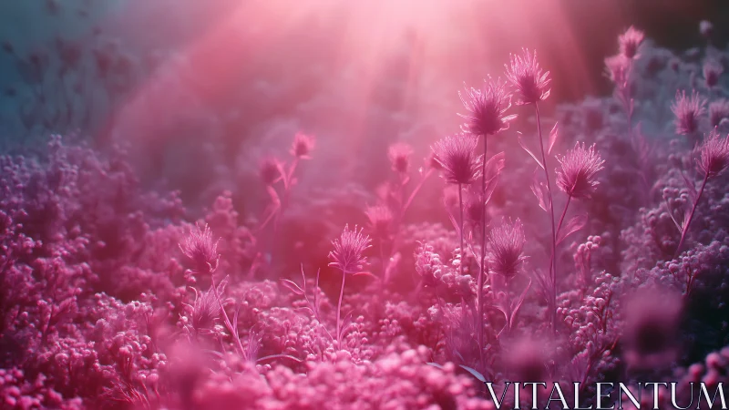 Iridescent pink wildflowers glow under soft ethereal light