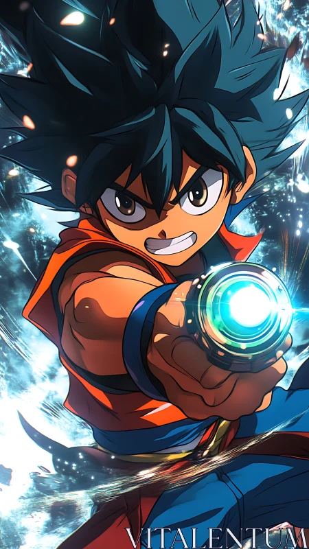 Charging boy hero launches a blazing cosmic energy blast